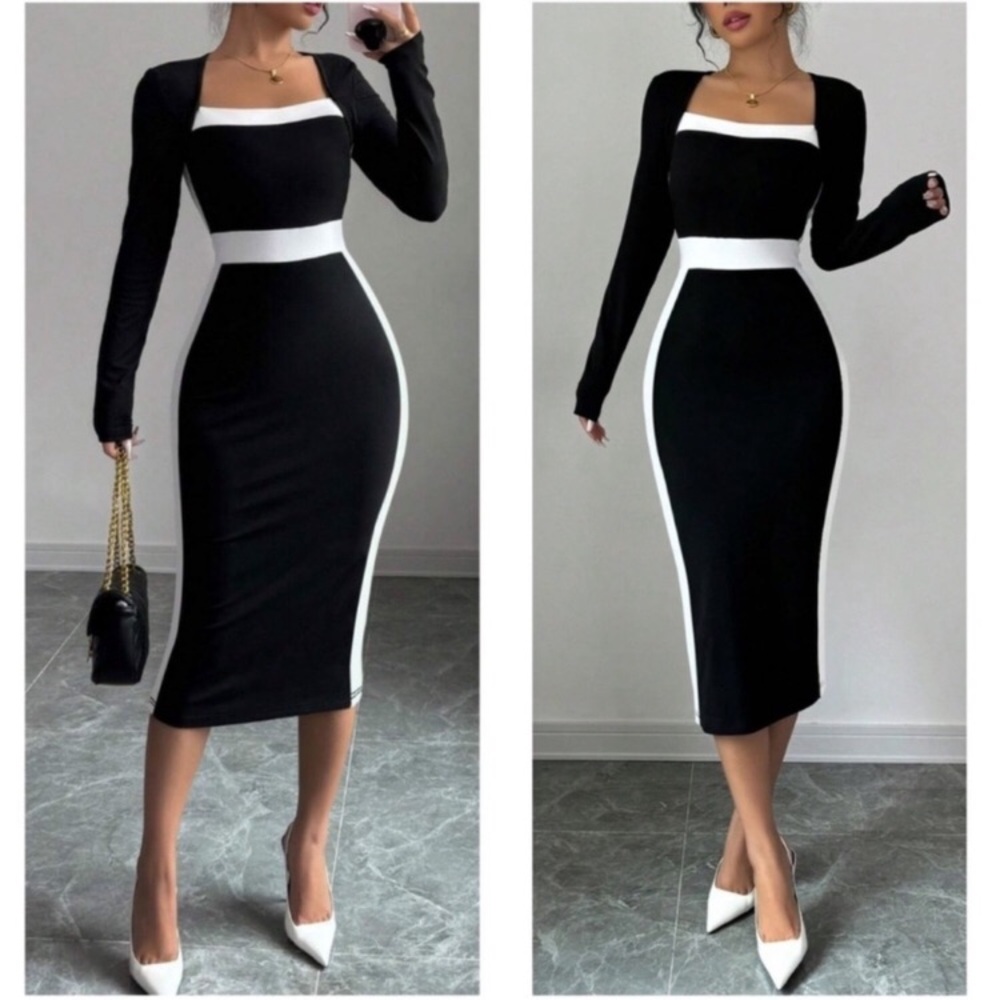 Luxe Color Block Fitted Bodycon Long Sleeve Dress